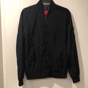 Navy blue nylon Zara bomber jacket with pockets